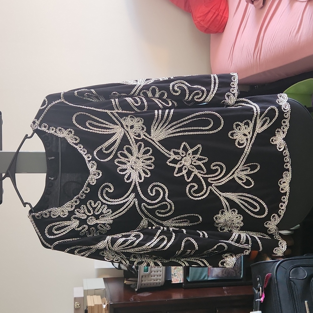 Black Top with White Floral Stitched Design